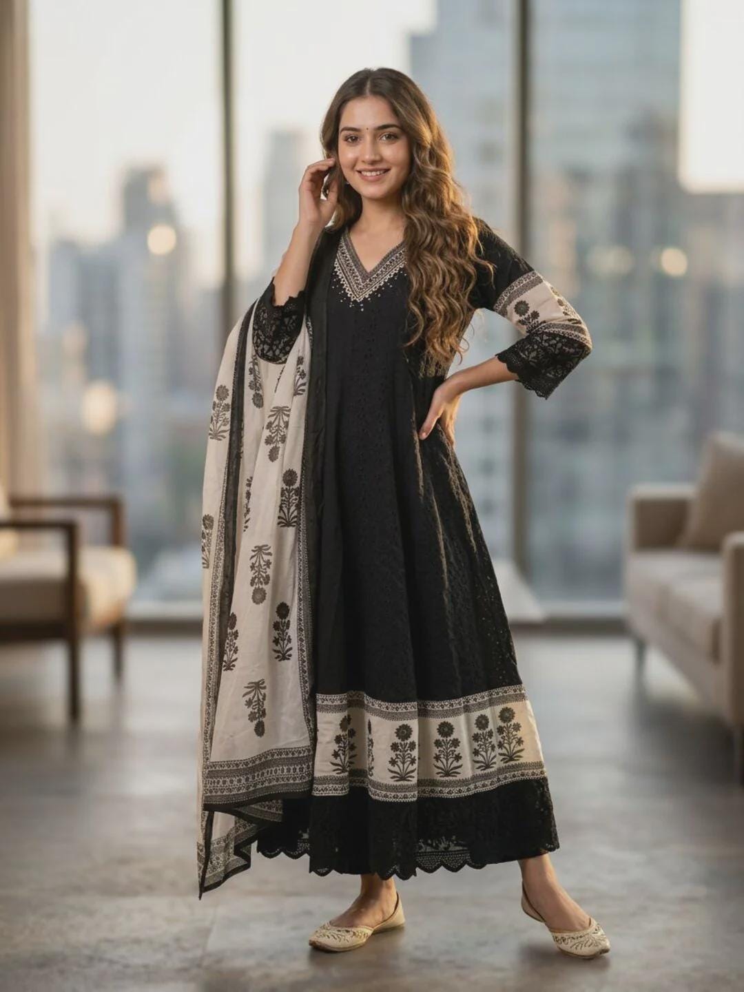 flared anarkali dress SS6577 Semi Raw Silk Full Flared Anarkali – sharanz main image 0