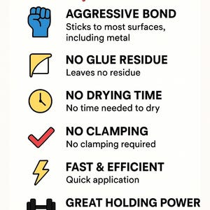 May include: An informational graphic listing the benefits of 3M 300LSE adhesive sheets. The text includes "Aggressive Bond", "No Glue Residue", "No Drying Time", "No Clamping", "Fast & Efficient", and "Great Holding Power". The website www.JaysLaserBlanks.com is also displayed.