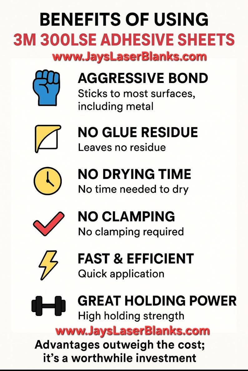 May include: An informational graphic listing the benefits of 3M 300LSE adhesive sheets. The text includes "Aggressive Bond", "No Glue Residue", "No Drying Time", "No Clamping", "Fast & Efficient", and "Great Holding Power". The website www.JaysLaserBlanks.com is also displayed.