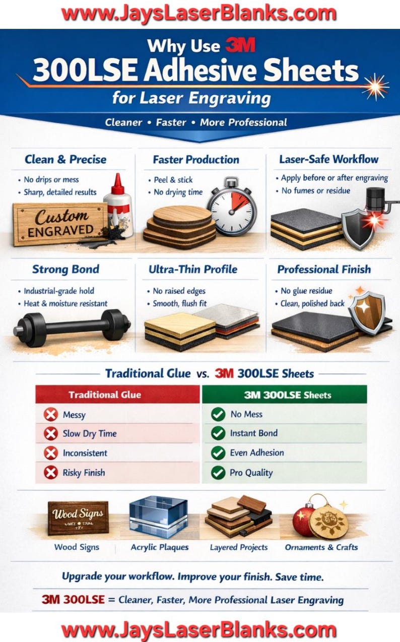 May include: Informative graphic comparing traditional glue to 3M 300LSE adhesive sheets for laser engraving. The image highlights features like clean results, faster production, and a professional finish. Includes examples of wood signs, acrylic plaques, and ornaments.