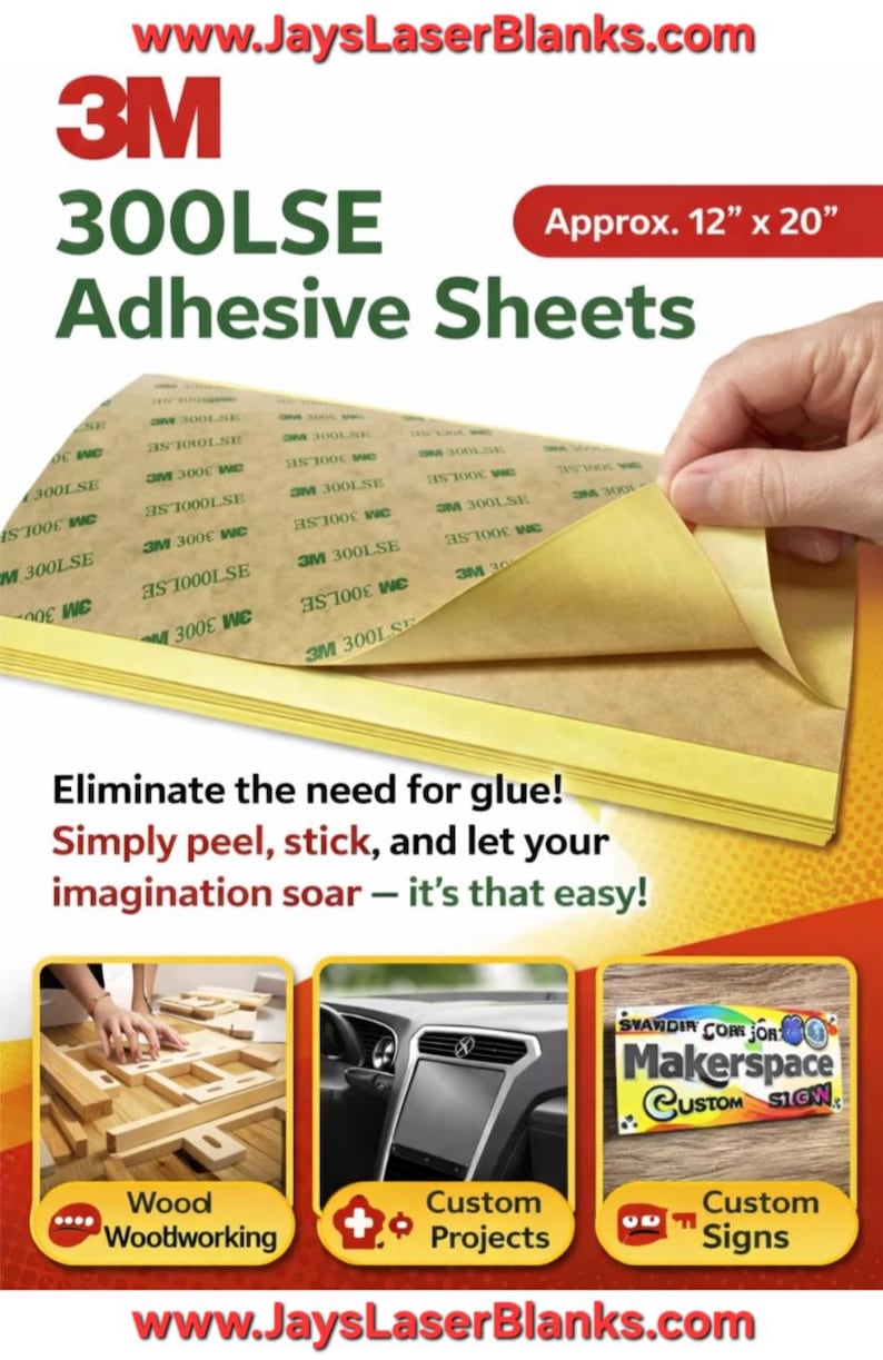 3M 300LSE Adhesive Sheets (23 Qty), 3M Sheets, Double Side Tape, Laser Safe, Wholesale, Glowforge, Laser Cutting image 3