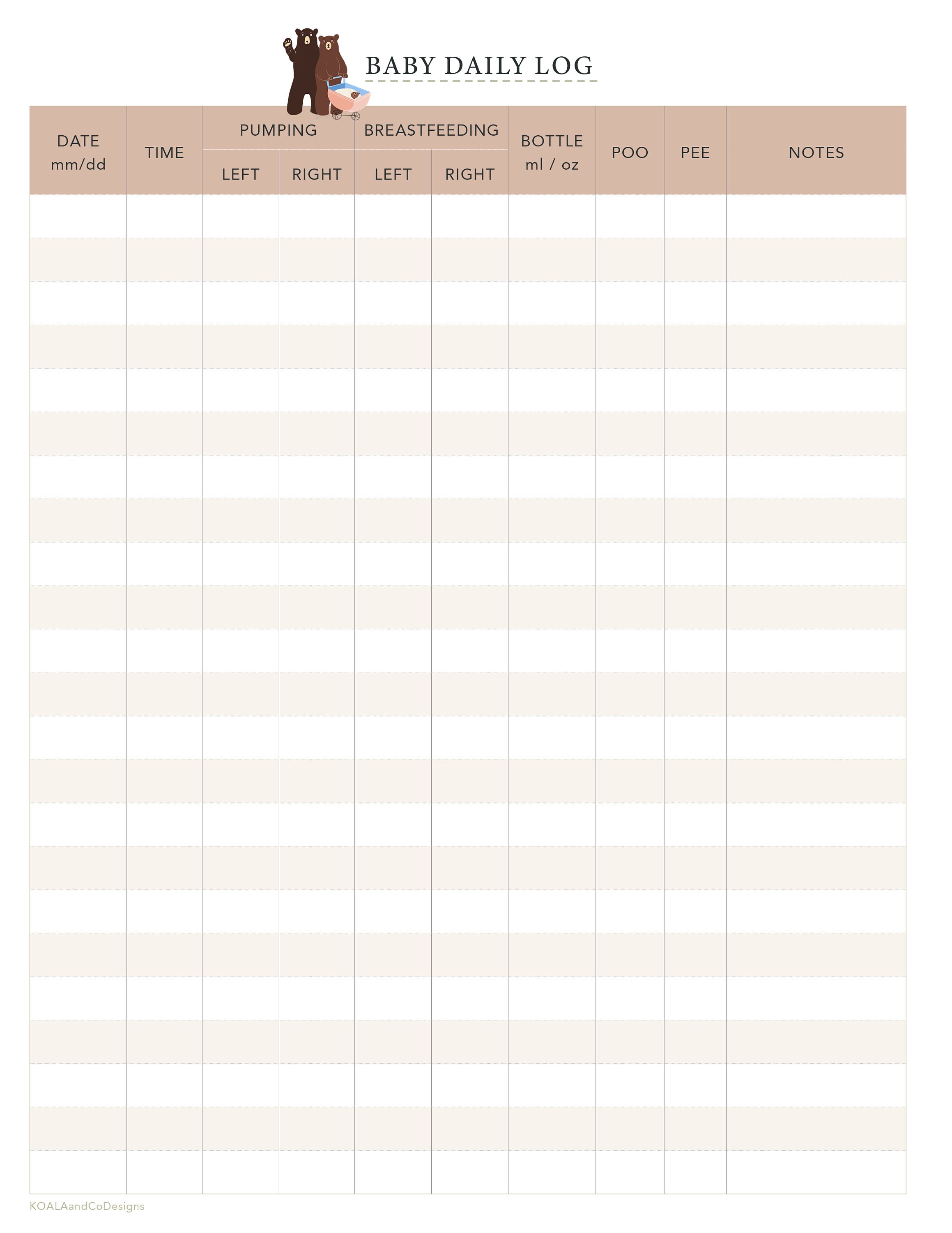 Letter-size and A4 Digital and Printable Baby Daily Log: Feeding ...