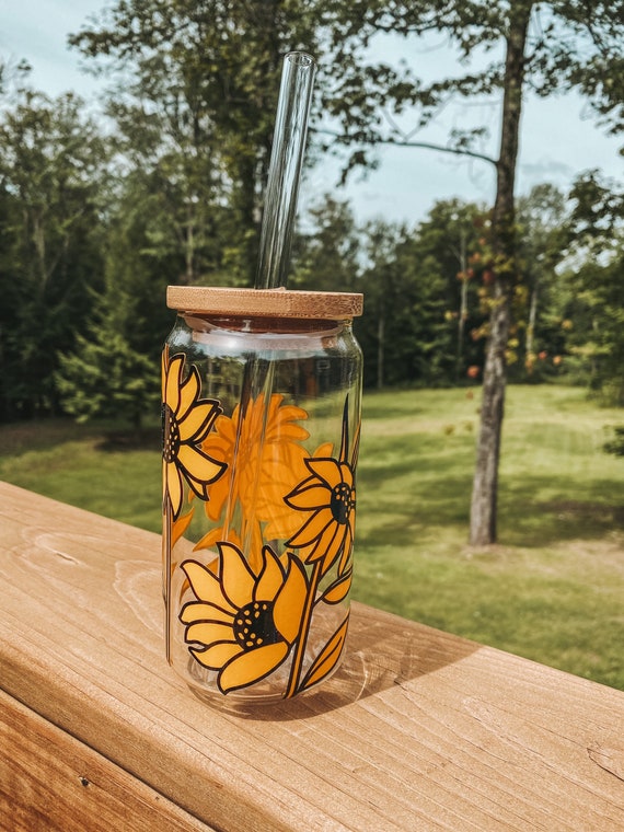 Sunflower Glass, Sunflower Glass Tumbler, Sunflower Design, Sunflower 20oz  Glass, Sunflower Glass With Lid and Straw 