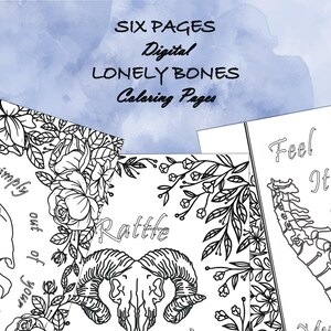 May include: Six black and white colouring pages featuring floral designs, a skull with horns, and a spine. The text "Rattle" and "Feel It In" are included on the pages.