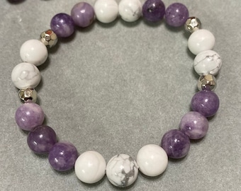 Handmade Lepidolite and Howlite 8mm gemstone bracelet
