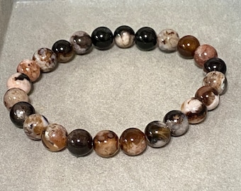 Handmade 8mm Black Flower Agate Gemstone Stretchy Bracelet