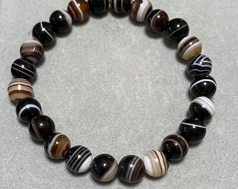 Handmade 8mm Black Banded Agate gemstone stretch bracelet.