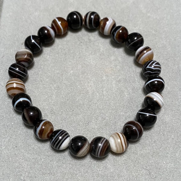 Handmade 8mm Black Banded Agate gemstone stretch bracelet.