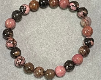 Handmade 8mm Rhodonite gemstone stretch bracelet, 7" or 7.5" length