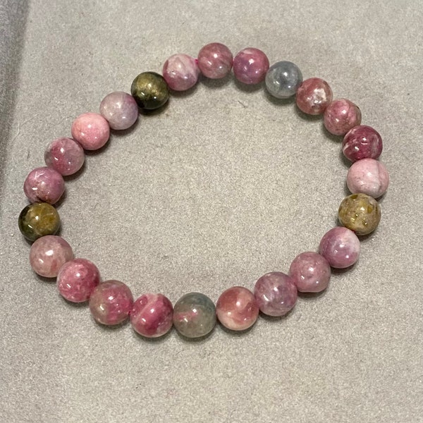 Handmade 6mm and 6.7mm (Dark) or 7mm (Light) Watermelon Tourmaline gemstone stretch bracelet.