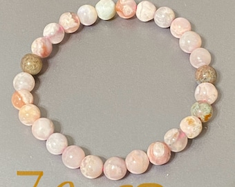 Handmade 6.5mm, 7mm, 7.5mm, 8mm, 8.5mm, and 9.5mm Flower Agate Gemstone Stretchy Bracelet