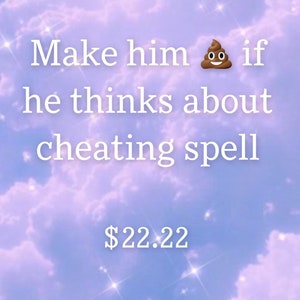 May include: Image with a soft, pastel purple sky background with white fluffy clouds and sparkling stars. Text in white reads "Make him 💩 if he thinks about cheating spell."