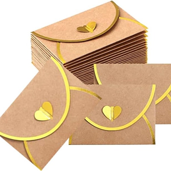 Mini Gift Card Envelopes with Heart Shaped Clasp, Envelopes with Gold Border, Kraft Envelope, Self Seal, No Glue Required