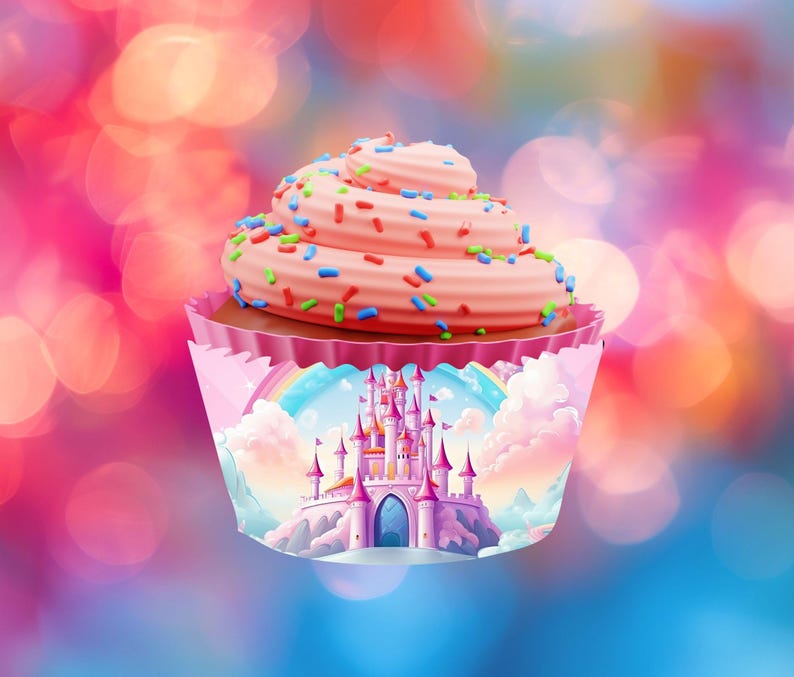 Puede incluir: Un cupcake con glaseado rosa y chispas de colores en una envoltura de papel decorativa. La envoltura presenta un dise&ntilde;o de castillo de cuento de hadas con un arco&iacute;ris y nubes, sobre un fondo borroso y colorido.