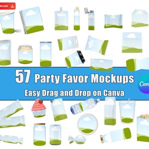 Puede incluir: Una colecci&oacute;n de 57 maquetas de recuerdos de fiesta, que incluyen tazas, frascos y recipientes, con un dise&ntilde;o de cielo azul y paisaje verde. El texto dice "57 Party Favor Mockups Easy Drag and Drop on Canva."