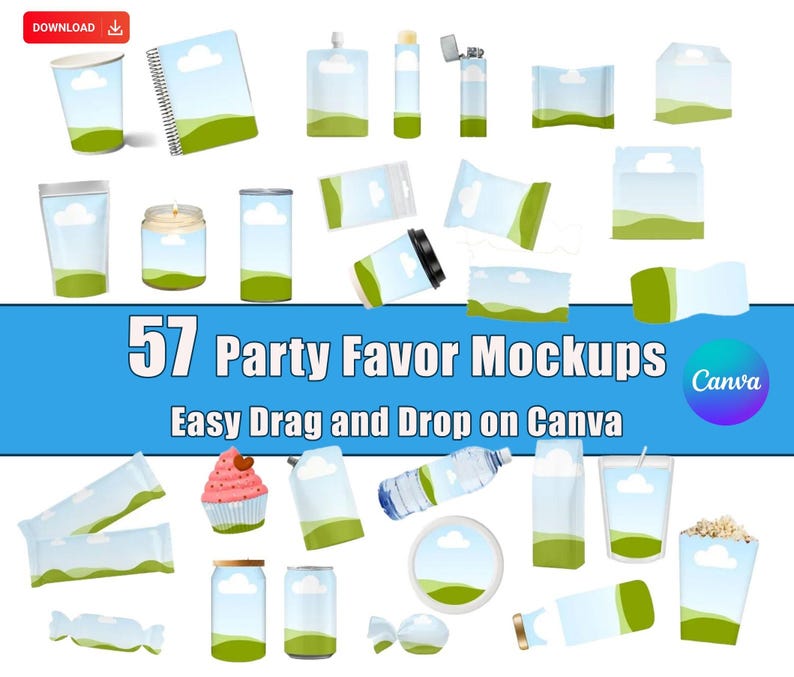 Puede incluir: Una colecci&oacute;n de 57 maquetas de recuerdos de fiesta, que incluyen tazas, frascos y recipientes, con un dise&ntilde;o de cielo azul y paisaje verde. El texto dice "57 Party Favor Mockups Easy Drag and Drop on Canva."