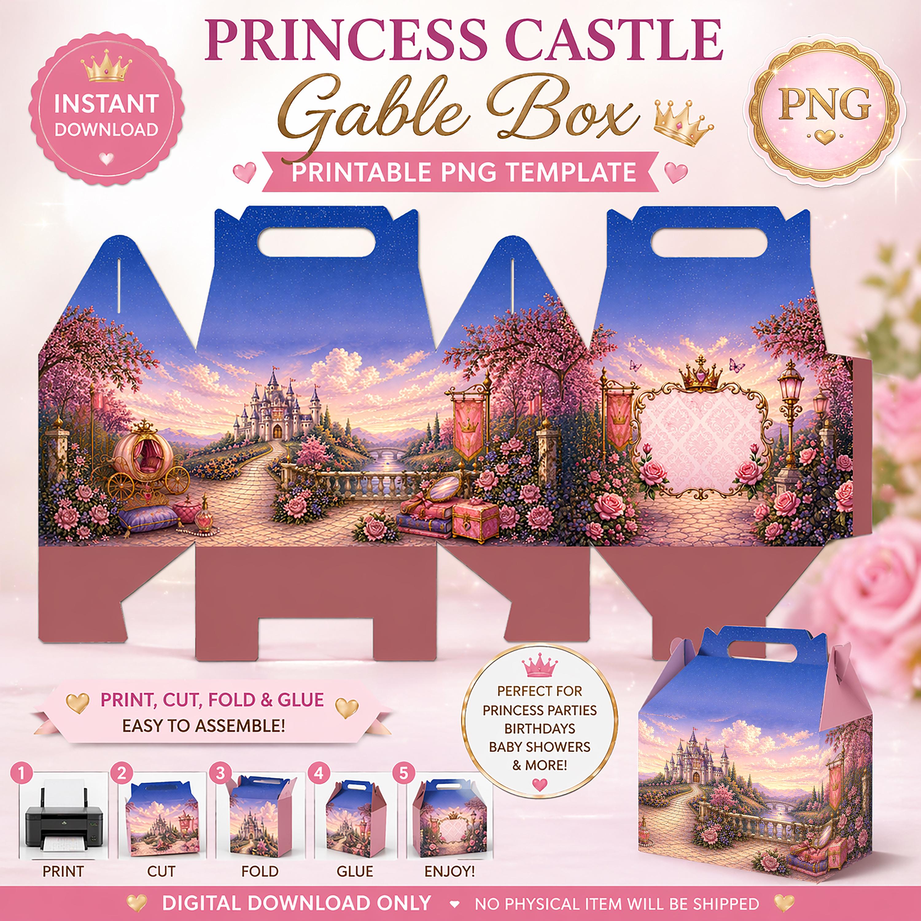Princess Gable Box Princess Gable Box PNG Template | Princess Party Favor Box Printable ...