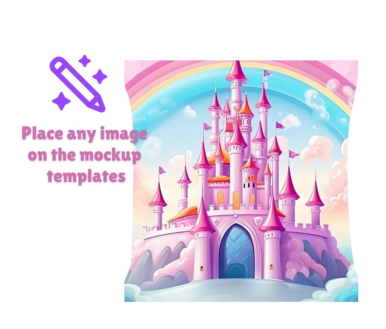 Puede incluir: Ilustraci&oacute;n de un castillo rosa con un arco&iacute;ris y nubes en el fondo. El castillo tiene m&uacute;ltiples torres con agujas rosas y una puerta azul arqueada. El texto a la izquierda dice "Place any image on the mockup templates".