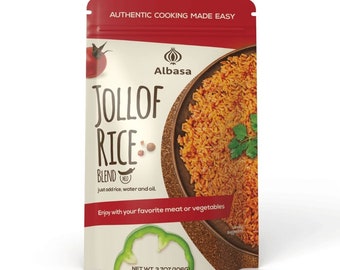 Peut inclure: Un sachet rouge et blanc avec le texte "AUTHENTIC COOKING MADE EASY" et "Albasa" dessus. Le sachet contient un mélange de riz Jollof avec une suggestion de service de riz avec de la viande ou des légumes. Le sachet a un poids net de 3,7 oz (106 g).