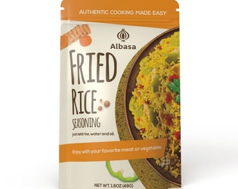 Peut inclure: Un sachet jaune et vert avec le texte "Albasa Fried Rice Seasoning" et une image de riz frit. Le sachet contient 48 grammes (1,6 once) d'assaisonnement.
