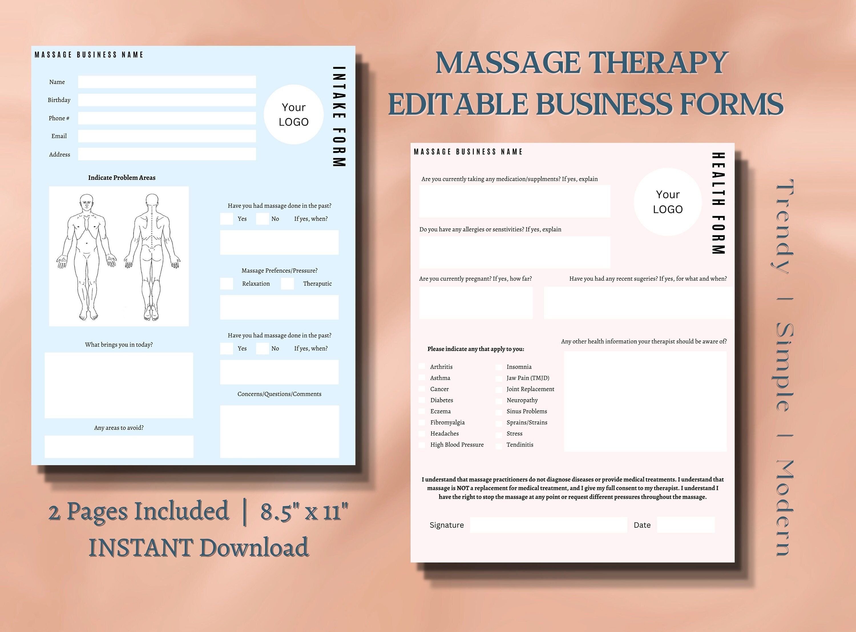 Massage Therapy Business Forms Instant Digital Download for Massage ...