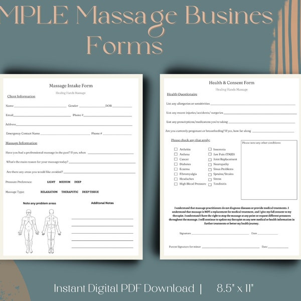 Einfache Massage Therapie Geschäftsformulare - Digitaler Download - Massage Intake Form - Digitale Vorlagen - Small Business Intake and Consent Form