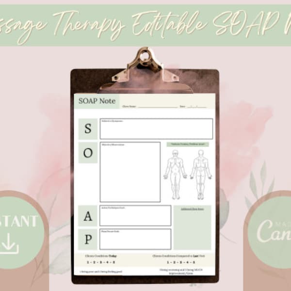 Massage Therapy Digital Download Editable Client SOAP Note Template Form - Massage Supplies and Forms