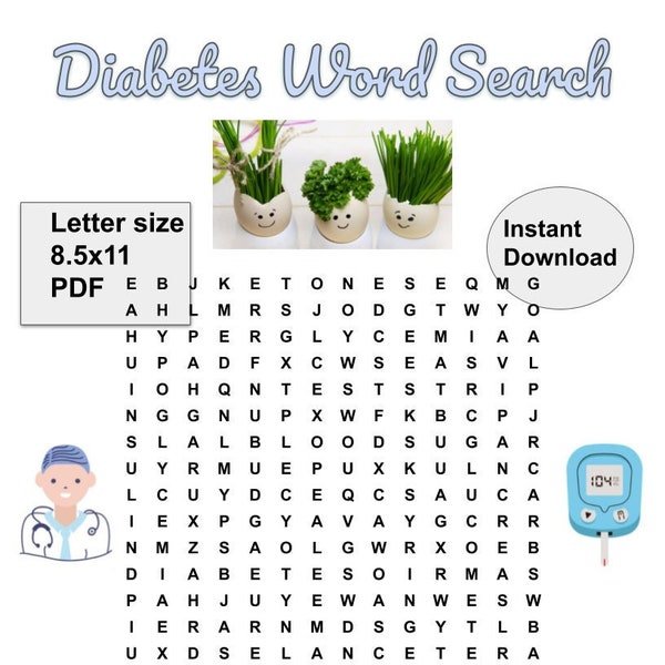 Diabetes Word Search, Printable, Instant Download, Activities, Party Games