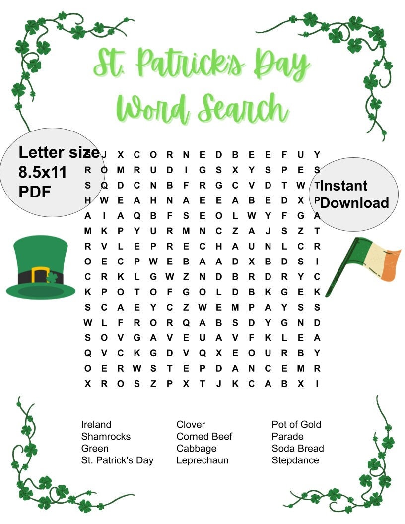 St. Patrick's Day Word Search, Printable, Instant Download, Activities ...