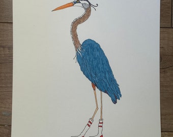 Bird Drawing-Great Blue Heron in Socks 9x12