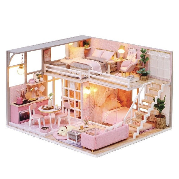 Completed-Made Fully Furnished  Girls Dream House Loft Apartment Model - Wooden Miniature Dollhouse w/ LEDs and remote control switch