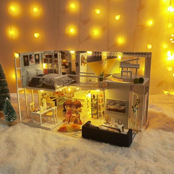 Abgeschlossen-voll eingerichtetes Klavierhaus Loft Wohnungsmodell - Holzminiatur-Puppenhaus mit LEDs, Spieluhr und Fernbedienungsschalter