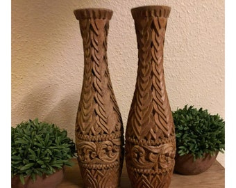 Wood Vases Set of 2 Beautiful Vintage Hand Carved Wood 12.5" Ornate Classical Boho