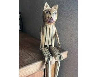 Wooden Cat Shelf Sitter Décor Striped Kitty Folk Art Jointed Primitive Handmade