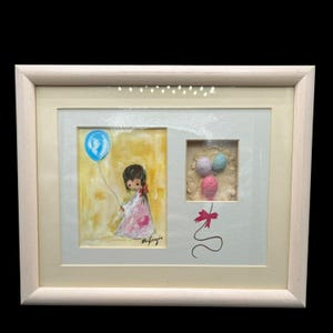 Ted DeGrazia "Ragazza con un palloncino" Litografia di Sandstone Creations e palloncini di carta fatti a mano in Shadow Box 11 x 9 in Shadow Box