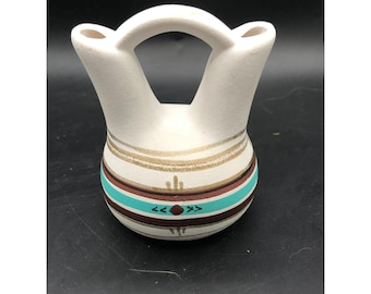 Jarrón nupcial de cerámica de arcilla pintada a mano TESA vintage Navajo firmado INM Diné Southwestern 4,25" x 3" x 3" Excelente estado