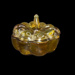Vintage Amber Glass Pumpkin Lidded Trinket Candy Dish with Lid MCM 5 x 4 in     1.5 lbs  Quality Glass Excellent Condition Very Heavy