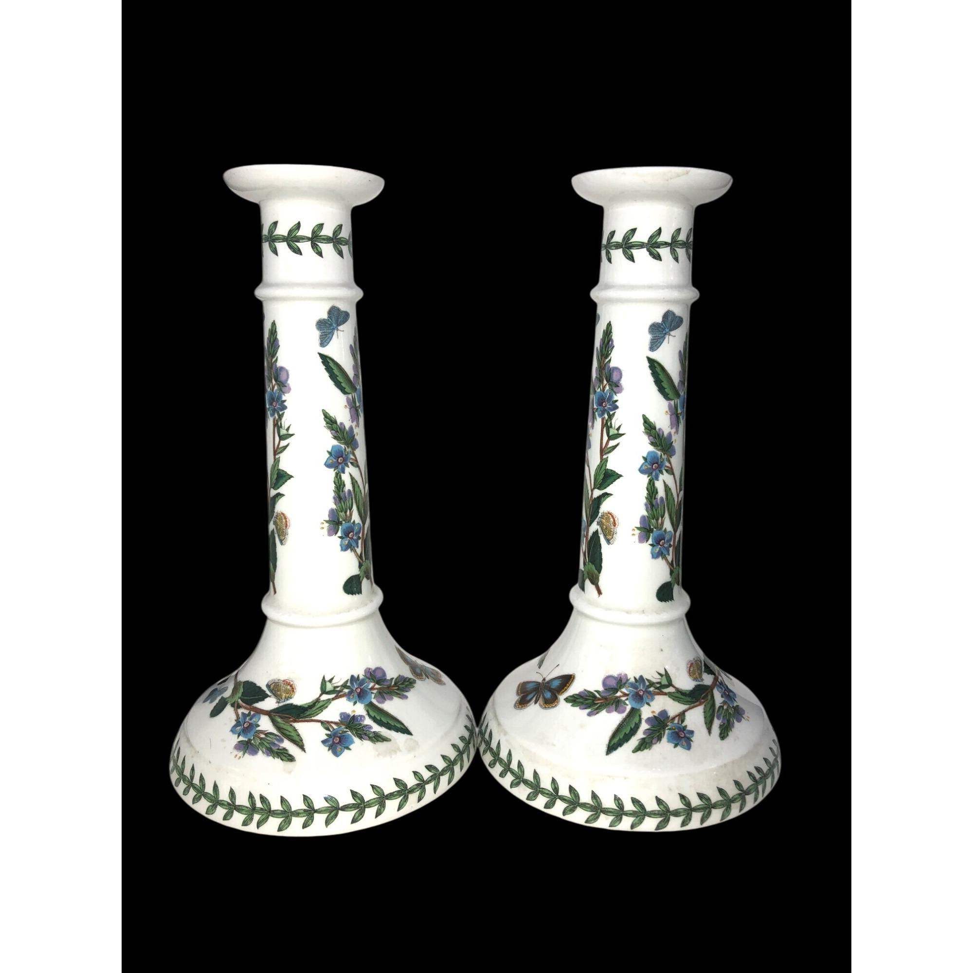 Pair Of Portmeirion Botanic Garden Candleholders 9" Ceramic Floral & Butterfly Design England