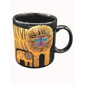 Laurel Burch Lion Art Ceramic Mug Black/Gold 4&quot;x5&quot; Vibrant Design Coffee Tea Cup Collectible Functional Art