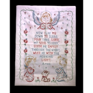 Hand Embroidered Child’s Prayer by Carolyn Olivia Shyrock &quot;Now I Lay Me Down To Sleep&quot; 15 x 12 in