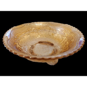 Edwardian Marigold Footed Carnival Glass Bowl Orange Iridescent Shimmer Display