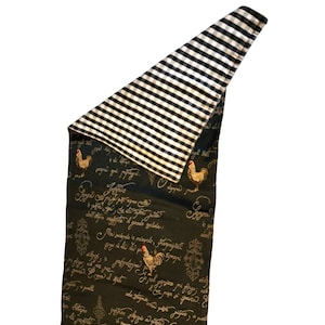 Hand Made Table Runner French Country Text, Medallions, Rooster / Chicken Tapestry  84&quot; x 17&quot; Woven Black & Tan Checks on Back