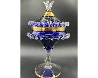 Cobalt Glass Gold Gilt Lidded Compote Rigaree Edge Italy 70s Venetian Dish VTG   Murano Style