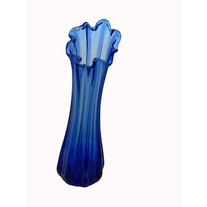 VTG Cobalt Blue Swung Vase Handkerchief Vase Art Glass 60s 9.5 x 3 in Handblown  Clean Pontil