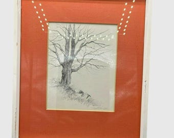Artist Signed Original Graphite Landscape Vern Hippensteal Tree with Baskets Matted Framed with Glass 5 x 6 Frame 10.5 x 9
