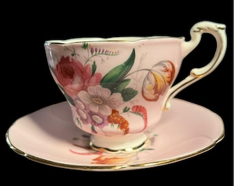 VTG Paragon English Bone China filiżanka do herbaty z nóżką i spodek w kolorze różowym i kwiatowym na białym tle G6508 Double Warrant #26
