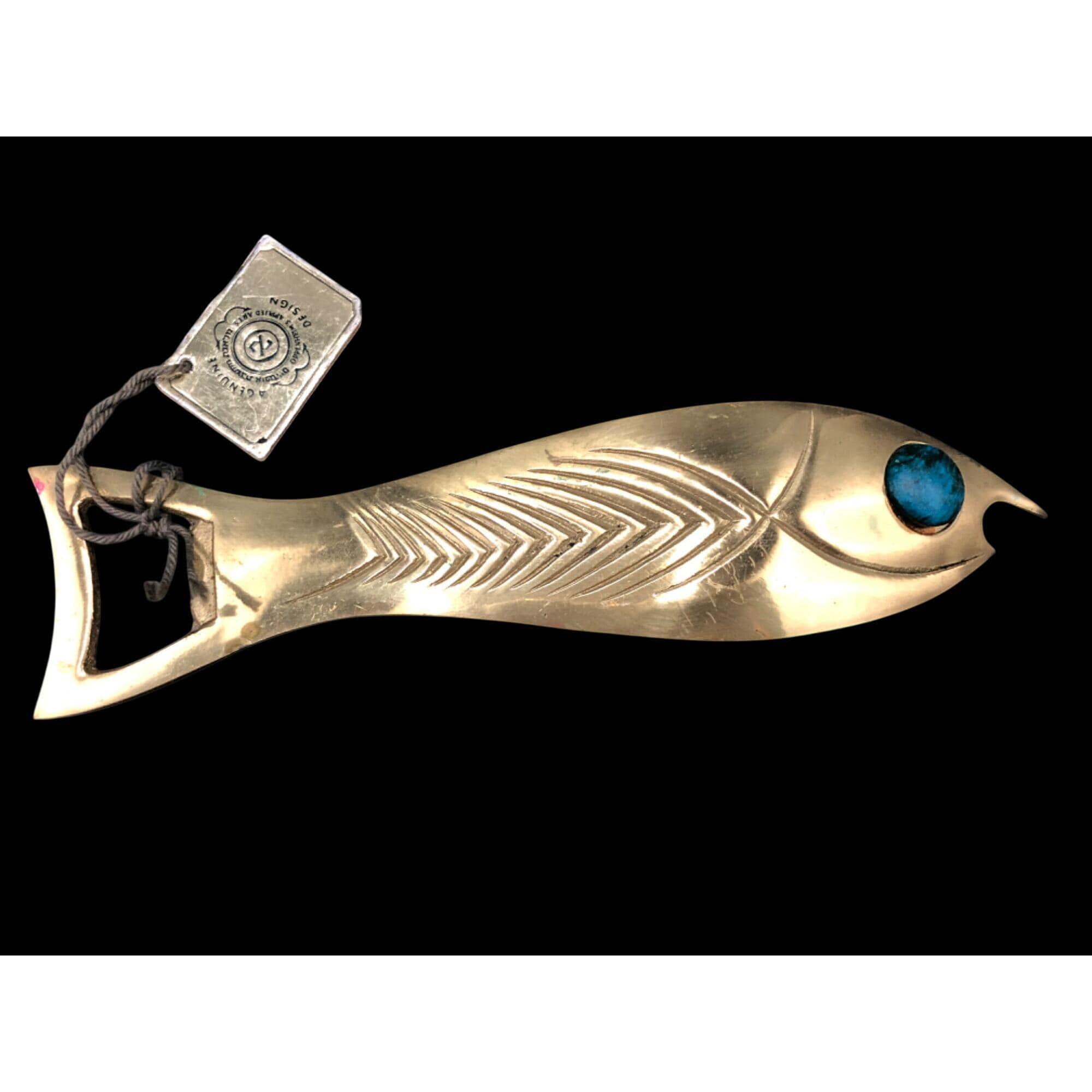 Vintage Brass Fish-Shaped Bottle Opener With Eilat Jewel Eye By Oppenheim Israel Metal Handicraft 7"