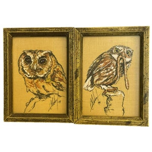 70s Pair of Owl Paintings on Burlap Screech Owl, Elf Owl Signed C. Albert