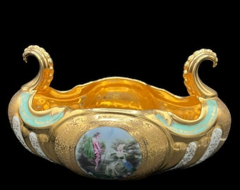 3 piece Set of Le Meuix Porcelain Gilded Gondola Bowl & 2 Candelabras Hand Painted 24K Gold 13 x 9 x 8 in and 5.5 x 5 x 4 in