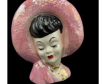 Vaso Head/tasca da muro degli anni '40 Asian Glamour Girl Iridescent Lustre Pink Lady Head